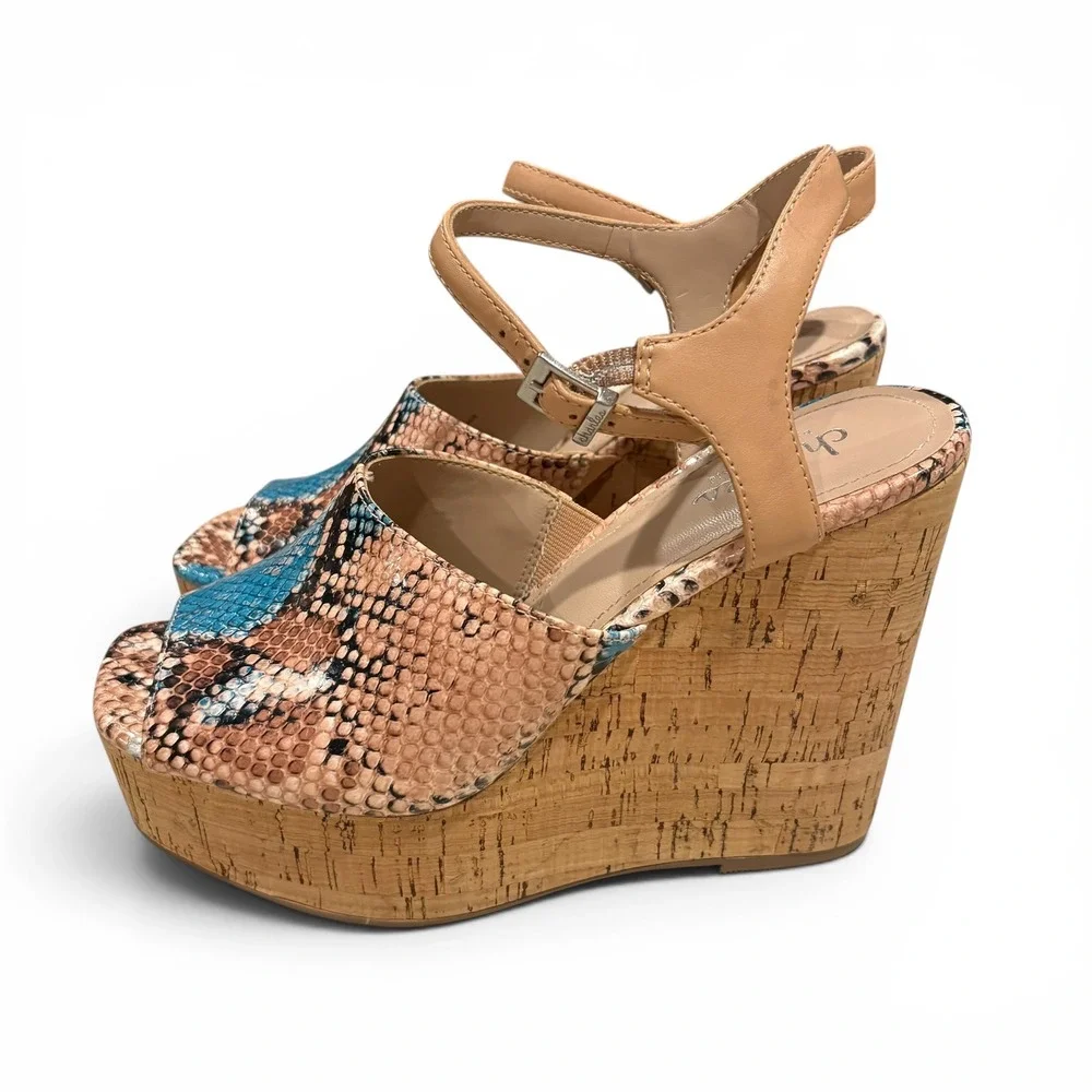 Charles by Charles David Snakeskin  Cork Wedge Sandals Turquoise/Tan Women's 8
